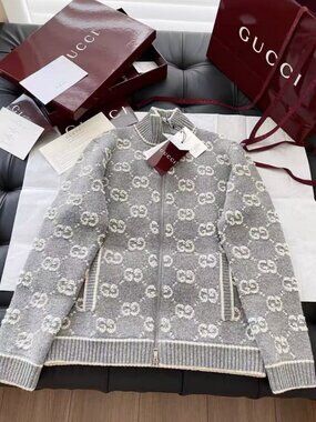 Gucci Grey GG Logo Zip‑Up Knit Cardigan Jacket